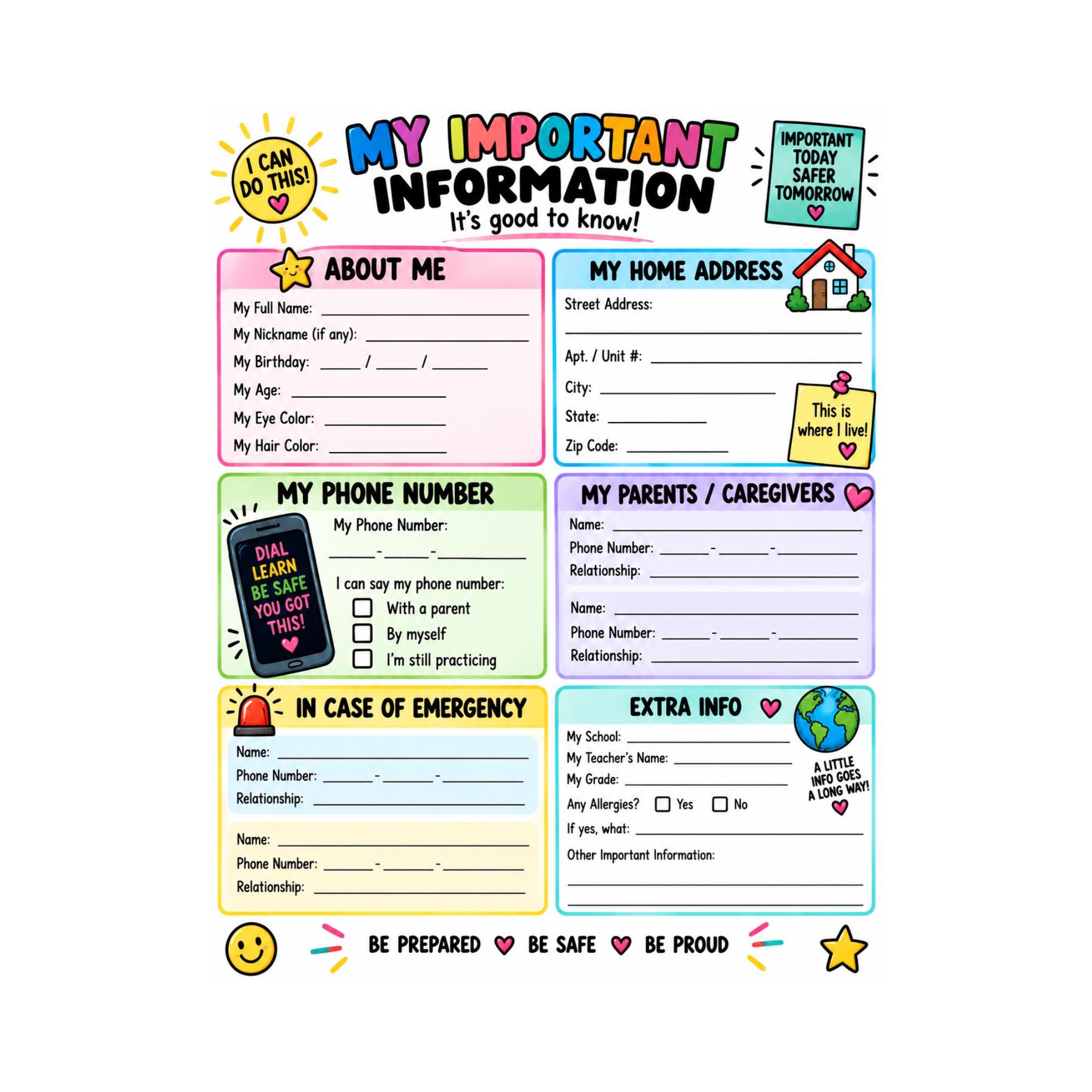 Kids Important Information Worksheet Emergency Contact Sheet Address & Phone Number Practice Life Skills Printable for Kids