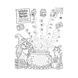 May include: A black and white coloring page titled Witch's Potion Recipe featuring a witch stirring a cauldron. Ingredients like bat wings, eyeballs, spider legs, and frog legs are connected to the cauldron by dotted lines for tracing.