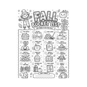 Målarbild för höstens bucketlist för barn | Höstaktivitetsblad | Utskrivbar höstchecklista | Hemundervisningskul PDF-nedladdning