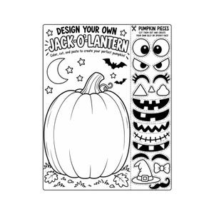 Könnte beinhalten: Ein schwarz-weißes Arbeitsblatt mit dem Titel DESIGN YOUR OWN JACK-O-LANTERN, das einen großen Kürbis, Sterne, einen Mond und Fledermäuse zeigt. Rechts befinden sich ausschneidbare Formen für Augen, Münder, einen Hexenhut, eine Fliege und einen Schnurrbart.