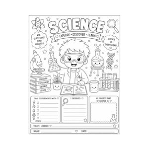 May include: A black and white science-themed coloring page featuring a character in goggles and a lab coat surrounded by laboratory equipment, books, and a plant. The page includes text headers like SCIENCE, EXPLORE, DISCOVER, LEARN, and activity sections.