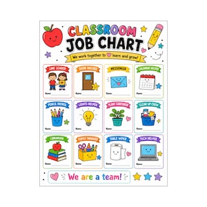 Puede incluir: Un póster de tabla de tareas para el aula con el título "CLASSROOM JOB CHART" y el texto "We work together to learn and grow!" y "We are a team!". Incluye doce secciones coloridas con ilustraciones para diversas tareas escolares.