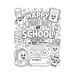 Happy First Day of School Coloring Page, Back to School Coloring Sheet, First Day of School Printable, Kids Activity, Instant Download PDF