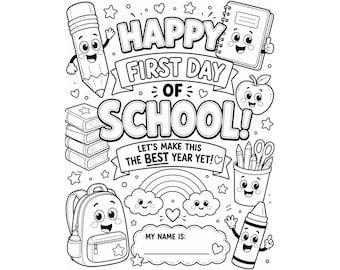 Happy First Day of School Coloring Page, Back to School Coloring Sheet, First Day of School Printable, Kids Activity, Instant Download PDF