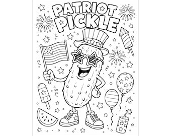 Página para colorear de pepinillo patriótico / Pepinillo para imprimir del 4 de julio / Divertida hoja para colorear patriótica para niños / Actividad del Día de la Independencia / Instantáneo