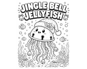 Dibujo para colorear de medusas con cascabeles, dibujo navideño para colorear para niños, lámina para colorear navideña imprimible, descarga instantánea en PDF de lindas medusas