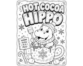 Página para colorear de hipopótamo con chocolate caliente / Divertida página para colorear de hipopótamo invernal para niños / Hoja para colorear navideña imprimible / Mezcla de garabatos acogedores