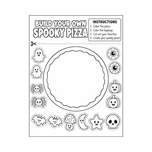 May include: A black and white activity sheet titled Build Your Own Spooky Pizza with instructions. It features a large central pizza crust outline surrounded by cut-out shapes including ghosts, spiders, eyeballs, pumpkins, bats, a mushroom, a moon, a star, and a skull.
