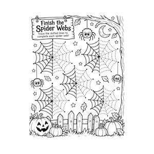 Pode incluir: Uma folha de atividades em preto e branco intitulada Finish the Spider Webs com instruções para traçar linhas pontilhadas. A página apresenta quatro teias de aranha, três aranhas, uma lua crescente, estrelas, folhas, uma cerca de madeira e abóboras.