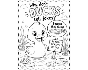 Página para colorear con chiste de patos divertidos para niños (imprimible), hoja para colorear con juego de palabras de patos, actividad de chistes de animales, humor para el aula, descarga en PDF para educación en casa.