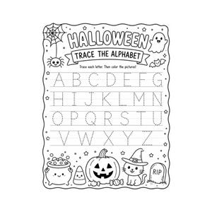 Pode incluir: Uma folha de exercícios de caligrafia do alfabeto com tema de Halloween em preto e branco com o texto HALLOWEEN TRACE THE ALPHABET e Trace each letter. Then color the pictures! Inclui letras pontilhadas de A a Z, uma aranha, um fantasma, um morcego, um caldeirão, um doce, uma abóbora, um gato com chapéu de bruxa e uma lápide.