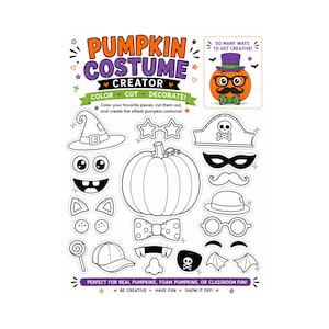Op de afbeelding: Een Pumpkin Costume Creator activiteitenblad met een grote centrale pompoenomtrek omringd door zwart-witillustraties van hoeden, brillen, maskers, snorren en accessoires om in te kleuren, uit te knippen en te versieren voor knutselwerk.