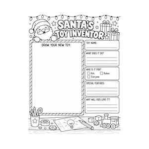 以下が含まれることがあります： SANTA'S TOY INVENTORというタイトルの白黒の印刷可能なアクティビティシート。おもちゃの名前、機能、対象者、特別な機能、子供たちが気に入る理由を記入するセクションと、サンタクロースとプレゼントのイラストが描かれた大きな空白の描画ボックスがあります。