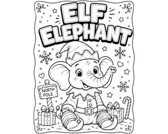 Página para colorear de elefante elfo, página para colorear de Navidad, lámina para colorear de animales elfos, página para colorear navideña imprimible, linda página para colorear de Navidad