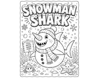 Dibujo para colorear de tiburón muñeco de nieve / Divertido dibujo para colorear de tiburón de invierno para niños / Hoja para colorear navideña imprimible / Mezcla de garabatos / PDF instantáneo