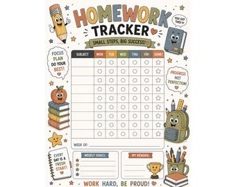 Homework Tracker Printable for Kids | Back to School Homework Chart | Weekly Assignment Tracker | Homeschool Planner | Instant Download PDF