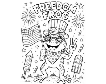 Dibujo para colorear de la Rana de la Libertad para imprimir / Divertida hoja para colorear del 4 de julio para niños / Actividad patriótica del Día de la Independencia con la Rana