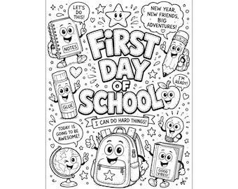 Página para colorear del primer día de clases para niños / Actividad imprimible de regreso a clases / Hoja para colorear de útiles escolares / Descarga instantánea en PDF