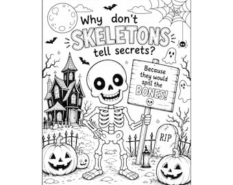 Divertida página para colorear de esqueletos para niños / Imprimible de Halloween / Hoja para colorear de chiste espeluznante / Actividad de Halloween / Descarga instantánea en PDF