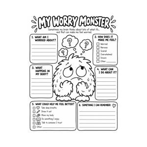 May include: A black and white printable worksheet titled My Worry Monster featuring a central illustration of a furry creature with question bubbles above its head. The page includes six numbered sections with prompts and checkboxes for emotional reflection.