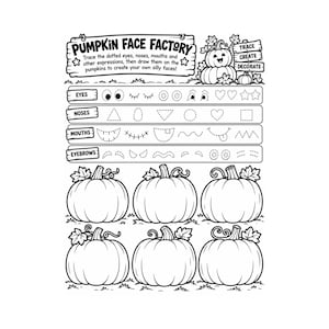 Op de afbeelding: Een zwart-wit activiteitenblad getiteld Pumpkin Face Factory. Het bevat stippellijnen voor het overtrekken van ogen, neuzen, monden en wenkbrauwen, samen met zes lege pompoenillustraties onderaan voor het tekenen van eigen gekke gezichten.