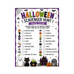 Può includere: Un foglio di gioco per una caccia al tesoro di Halloween con sfondo bianco e bordo viola. Il testo recita HALLOWEEN SCAVENGER HUNT INDOOR VERSION. Include una lista di controllo di oggetti da trovare, come un ragno, una zucca, un gatto, un fantasma e caramelle, con illustrazioni colorate.