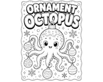 Dibujo para colorear de pulpo, dibujo navideño para colorear para niños, lámina imprimible para colorear de animales marinos, bonito dibujo navideño en PDF para descargar al instante.