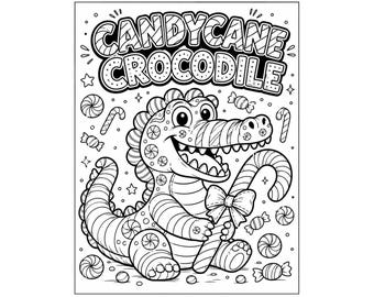 Dibujo para colorear de cocodrilo con bastón de caramelo para imprimir / Lámina para colorear de cocodrilo navideño / Mezcla de dibujos de animales navideños / Descarga digital para niños