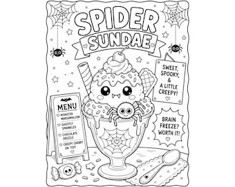 Página para colorear de helado con araña para niños, página para colorear de Halloween, linda araña para imprimir, hoja para colorear de helado espeluznante, descarga instantánea en PDF