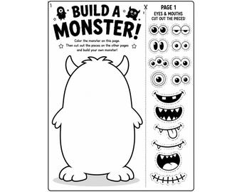 Può includere: Un foglio di attività in bianco e nero intitolato BUILD A MONSTER! con un grande contorno di mostro vuoto da colorare e una colonna di occhi e bocche da ritagliare, etichettato PAGE 1 EYES & MOUTHS CUT OUT THE PIECES! con linee tratteggiate.