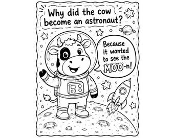 Página para colorear con chiste de vaca divertida para niños / Vaca astronauta para imprimir / Hoja para colorear de animales espaciales / Actividad de chiste de granja / Descarga instantánea en PDF