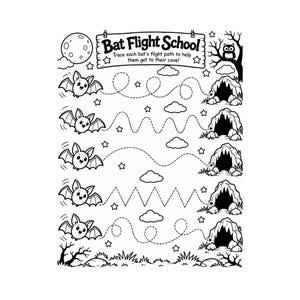 Peut inclure: Une feuille d'activités en noir et blanc intitulée Bat Flight School. Elle présente cinq chauves-souris dessinées à gauche, chacune avec un chemin en pointillés menant à une grotte à droite. La page inclut une lune, des nuages, des étoiles et un hibou.