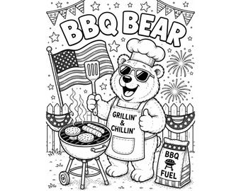 Dibujo para colorear de un oso con barbacoa (para imprimir) / Hoja para colorear patriótica del 4 de julio para niños / Actividad de verano para el Día de la Independencia