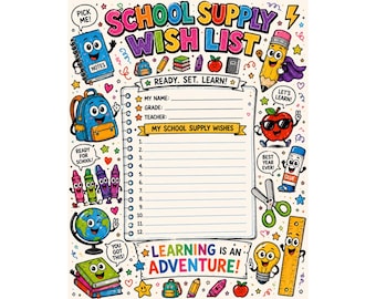Lista de deseos para útiles escolares imprimible para niños / Lista de deseos para la vuelta al cole / Lista de la compra escolar / PDF de descarga instantánea