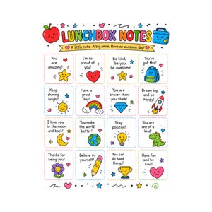 Lunchbox Notes Printable, Kids Lunchbox Notes, Positive Lunch Notes, Back to School Printable, Encouragement Cards, Instant Download PDF