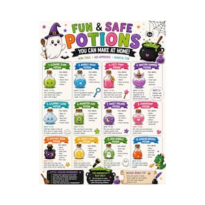 Peut inclure: Une affiche pédagogique colorée intitulée FUN & SAFE POTIONS YOU CAN MAKE AT HOME! présentant douze recettes de potions illustrées avec ingrédients et étapes. Le design inclut un fantôme, un chaudron noir, une toile d'araignée et un petit dragon.