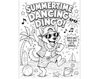 Dibujo para colorear de un dingo bailando en verano para niños, lámina para colorear de animales de playa de verano, actividad imprimible de dingo, linda página para colorear de verano