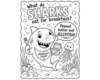 Divertida página para colorear con chiste de tiburón para niños, dibujo de chiste de tiburón, página para colorear imprimible, chiste de animales marinos, actividad para la escuela en casa en formato PDF