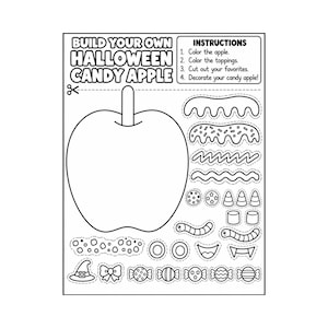 May include: A black and white printable activity sheet titled BUILD YOUR OWN HALLOWEEN CANDY APPLE with instructions and outlines of a large apple, various candy toppings, sprinkles, gummy worms, a witch hat, and bows to color and cut out.