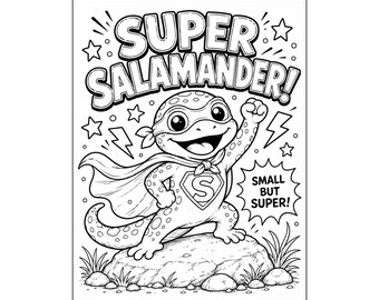 Página para colorear de la súper salamandra para niños / Linda salamandra para imprimir / Divertida hoja para colorear de anfibios / Actividad de animales superhéroes (PDF)