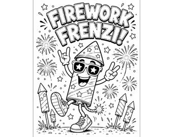 Página para colorear de fuegos artificiales, página para colorear del 4 de julio, lámina para colorear de fuegos artificiales, actividad imprimible para niños, página para colorear de verano en PDF