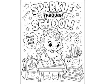 Sparkle Through School Coloring Page for Girls | Unicorn Back to School Printable | First Day of School Activity | Instant Download PDF