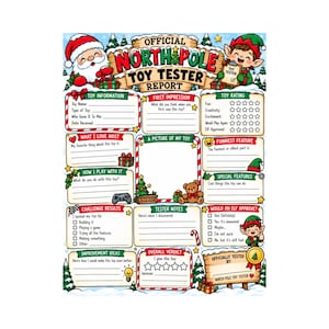 May include: A North Pole Toy Tester Report activity sheet featuring Santa Claus and an elf. The document includes sections for toy information, ratings, fun features, and tester notes, decorated with Christmas-themed graphics and text.