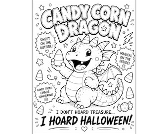 Dibujo para colorear de un dragón de caramelos de maíz, dibujo para colorear de Halloween para niños, lámina para colorear de un lindo dragón, PDF imprimible de actividades de Halloween