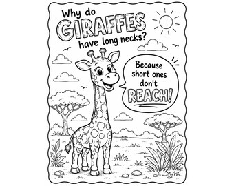 Divertida página para colorear de jirafas para niños / Imprimible de animales de safari / Hoja para colorear de chistes de zoológico / Actividad para la escuela en casa / Descarga instantánea en PDF