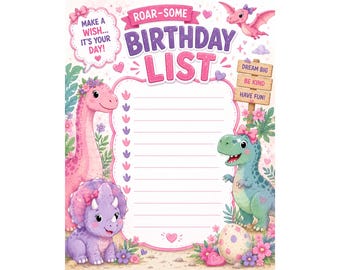 Dinosaur Birthday List, Dino Birthday Wish List Printable, Kids Birthday Activity Sheet, Instant Download PDF
