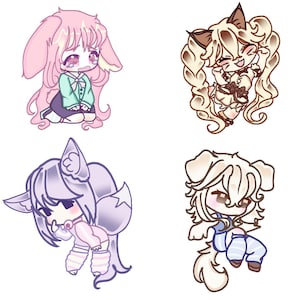 Op de afbeelding: Vier illustraties in chibi-stijl met een konijnachtige figuur met roze haar, een katachtige figuur met bruin haar, een vosachtige figuur met paars haar en een hondachtige figuur in crème, allemaal getekend met duidelijke lijnen en zachte kleuren.