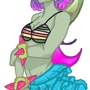 May include: A digital illustration of a character with green skin and hair featuring pink and purple highlights. The character wears a striped bikini top, a bright blue ruffled skirt, and striped leg warmers, accessorized with spiked wrist cuffs.