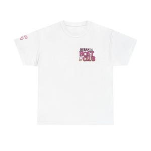 May include: White t-shirt featuring the pink text "OURAN High HOST CLUB". The t-shirt has a crew neck and short sleeves. The graphic is on the front of the shirt.