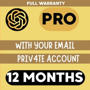 Könnte beinhalten: Grafik mit den Worten „FULL WARRANTY“ oben. Das Wort „PRO“ steht in einem gelben Oval. Darunter stehen die Worte „WITH YOUR EMAIL PRIVATE ACCOUNT“ und „12 MONTHS“. Ein schwarz-goldenes Logo befindet sich in der oberen linken Ecke.